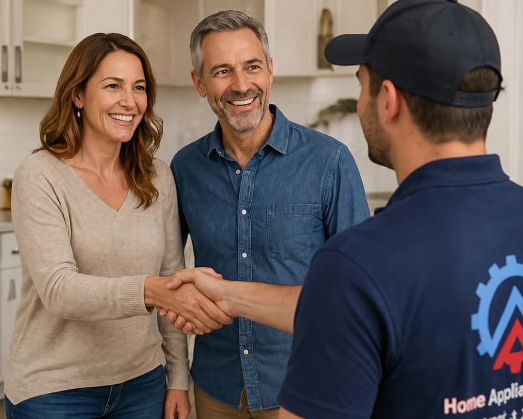 Technician greeting happy homeowners